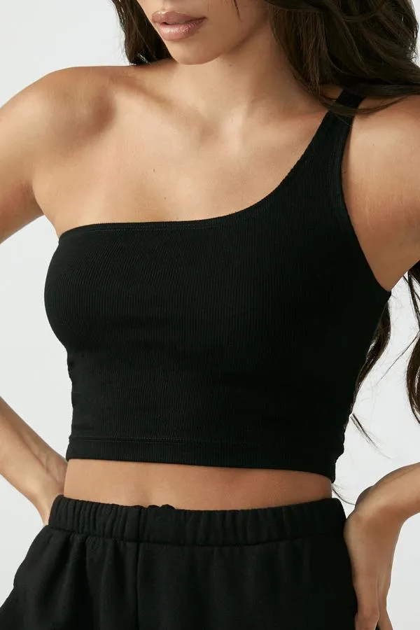 Joah Brown One Shoulder Crop Tank Black