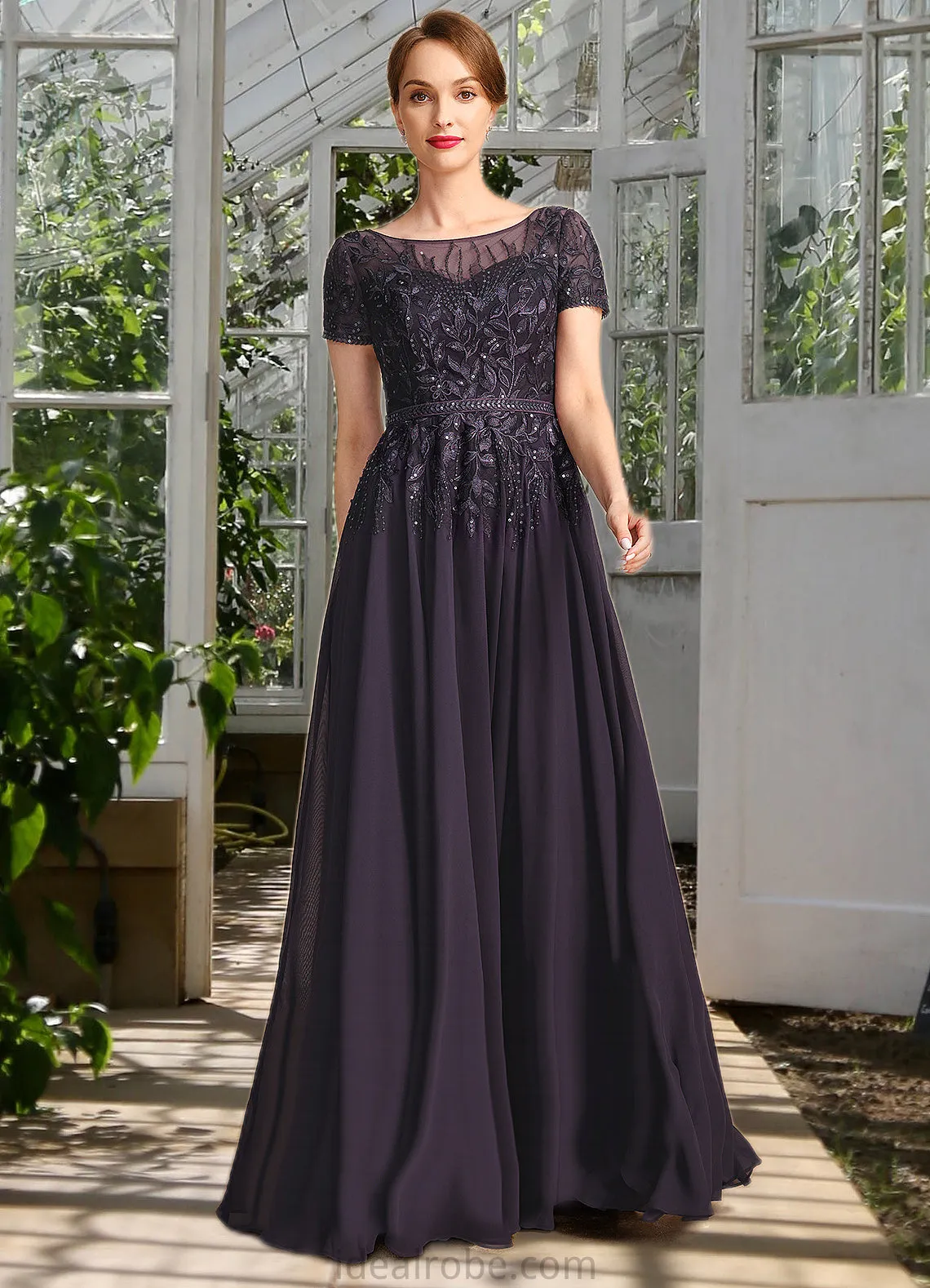 Juliana A-line Scoop Illusion Floor-Length Chiffon Lace Mother of the Bride Dress With Sequins STKP0021828