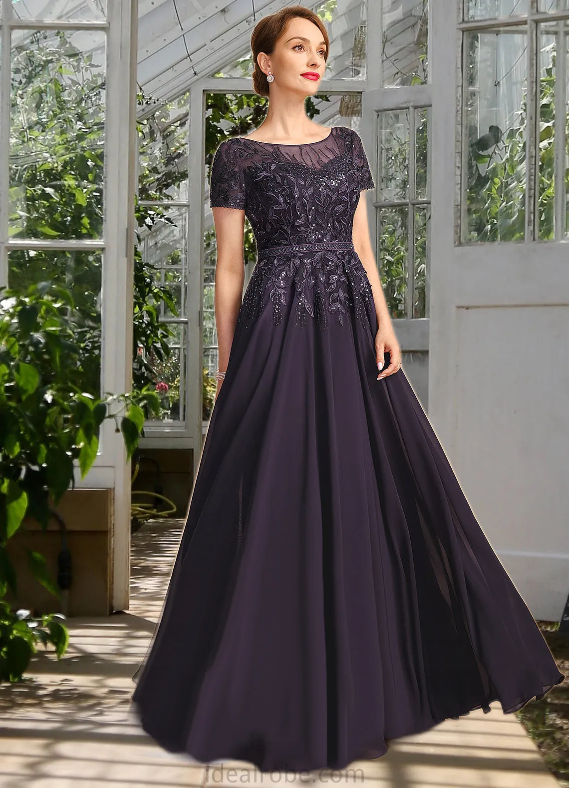 Juliana A-line Scoop Illusion Floor-Length Chiffon Lace Mother of the Bride Dress With Sequins STKP0021828