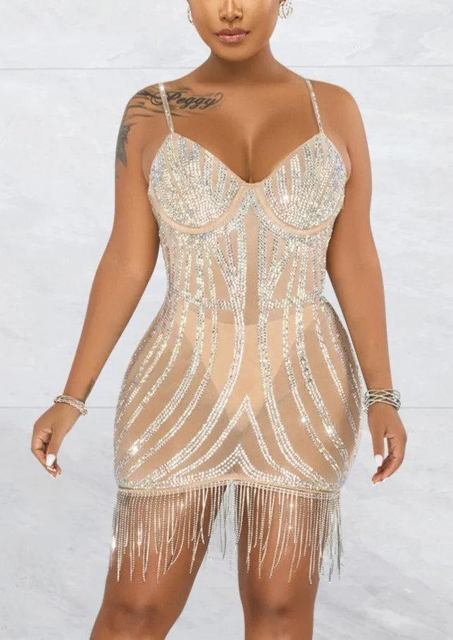 Kine Mesh See Though Rhinestone Bodycon Mini Dress