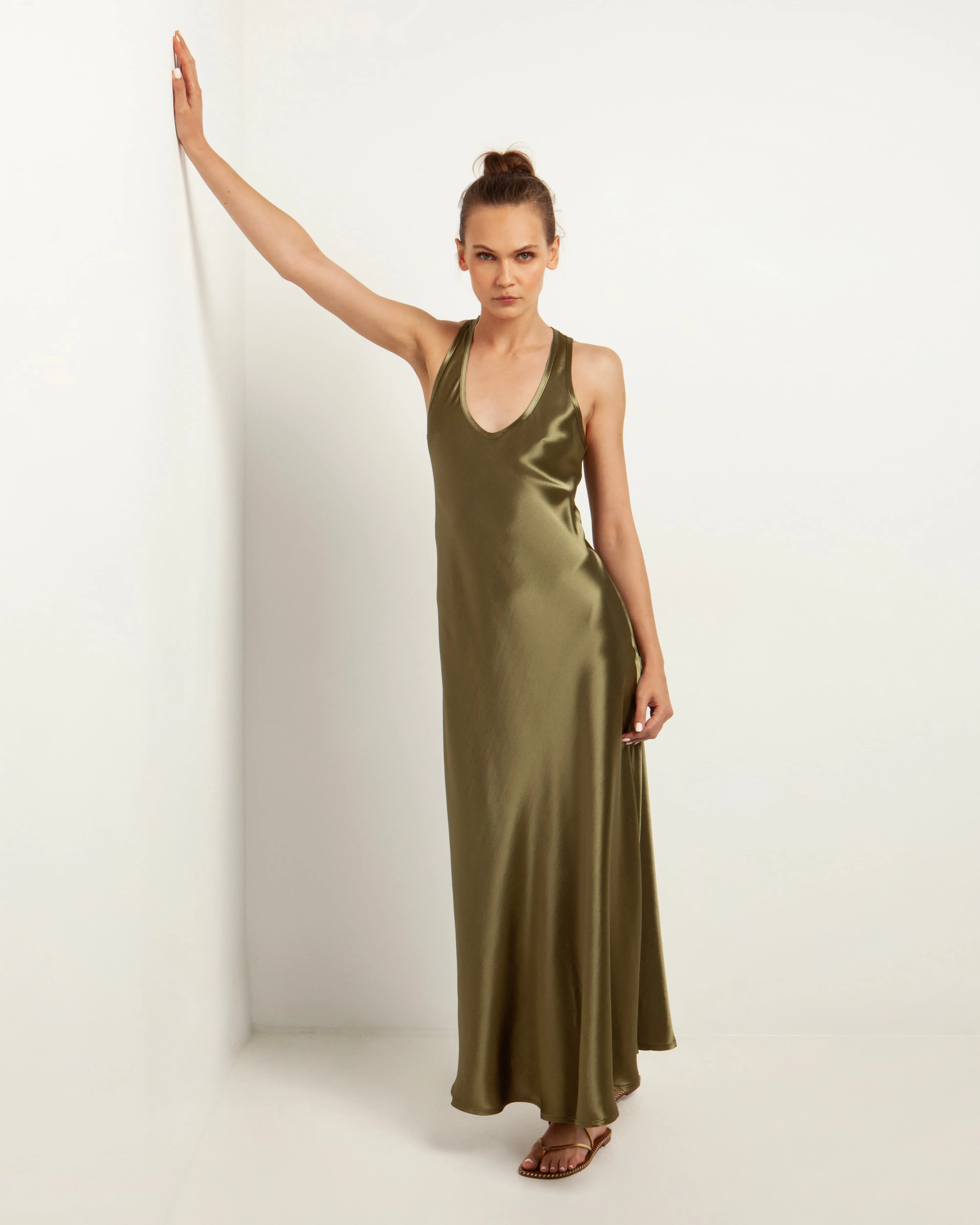 Kori Satin Midi Slip Dress | Khaki