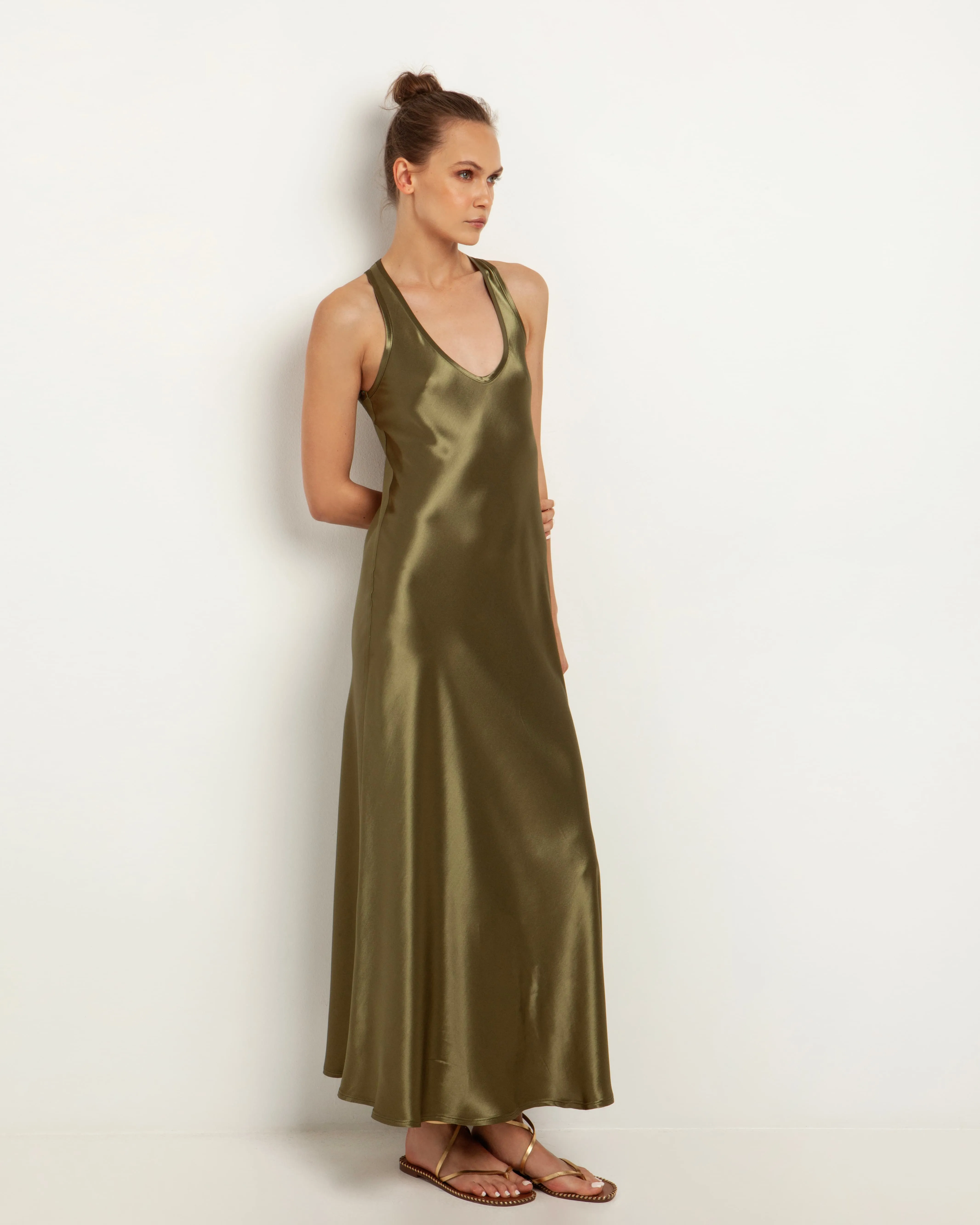 Kori Satin Midi Slip Dress | Khaki