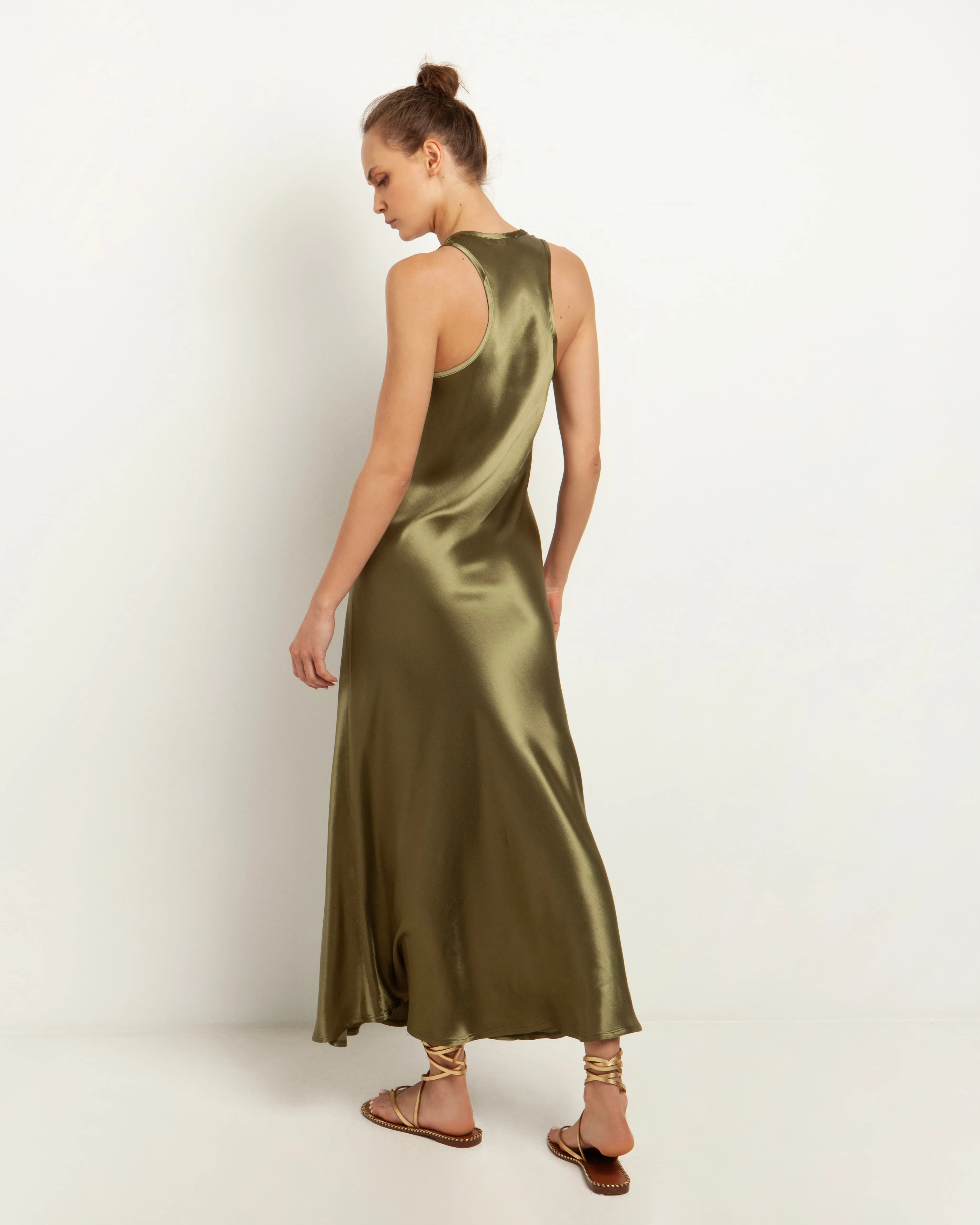 Kori Satin Midi Slip Dress | Khaki