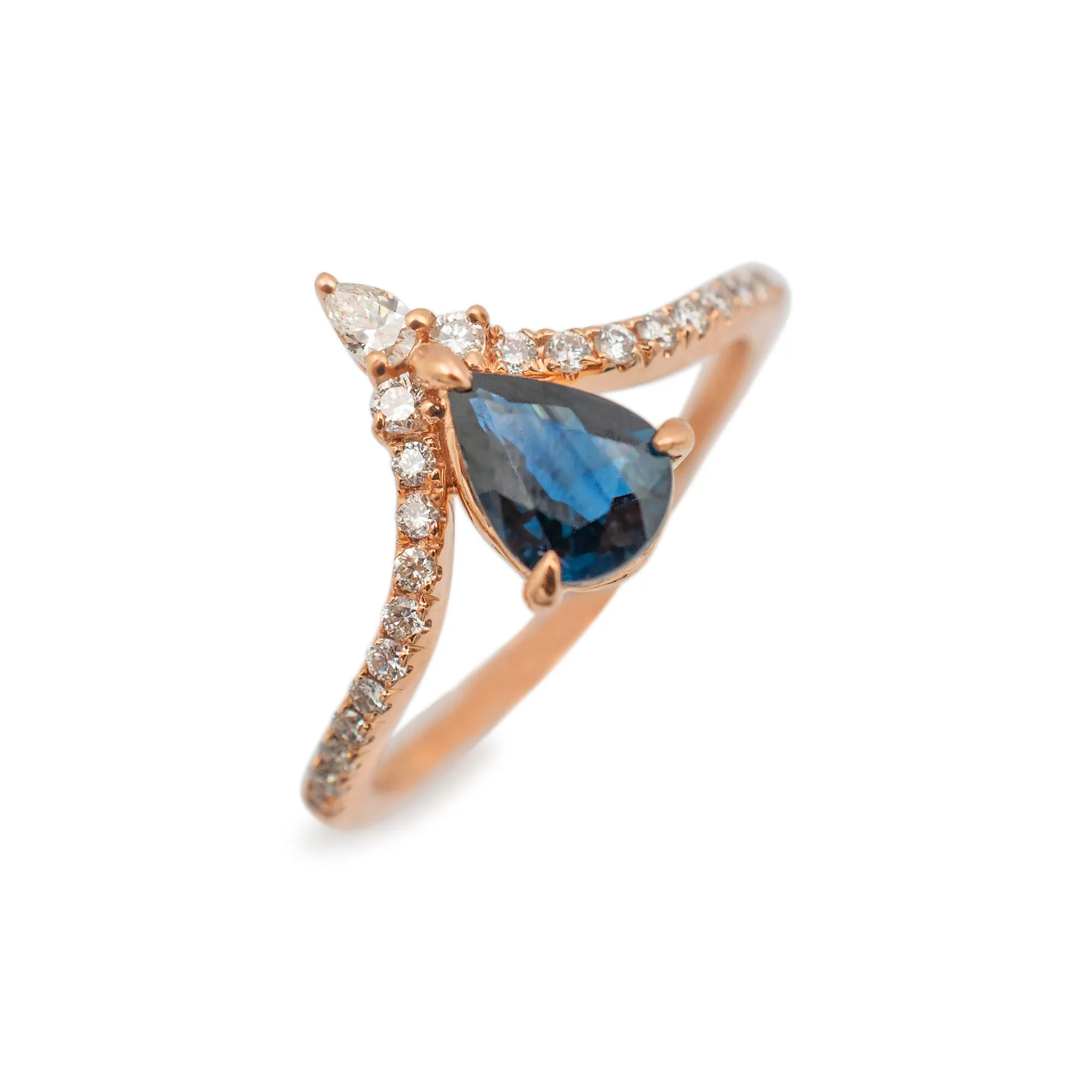 Ladies 14K Rose Gold Chevron Shaped Sapphire Diamond Cocktail Ring