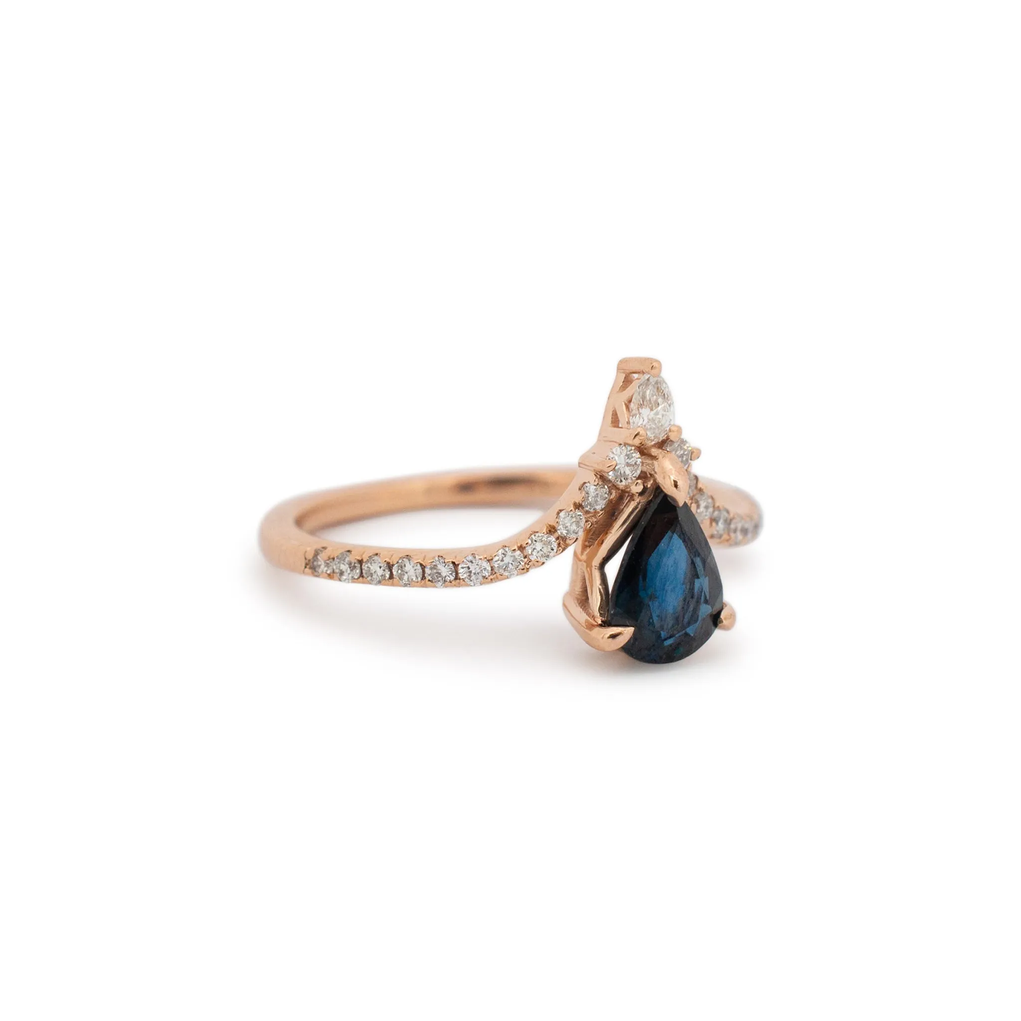 Ladies 14K Rose Gold Chevron Shaped Sapphire Diamond Cocktail Ring