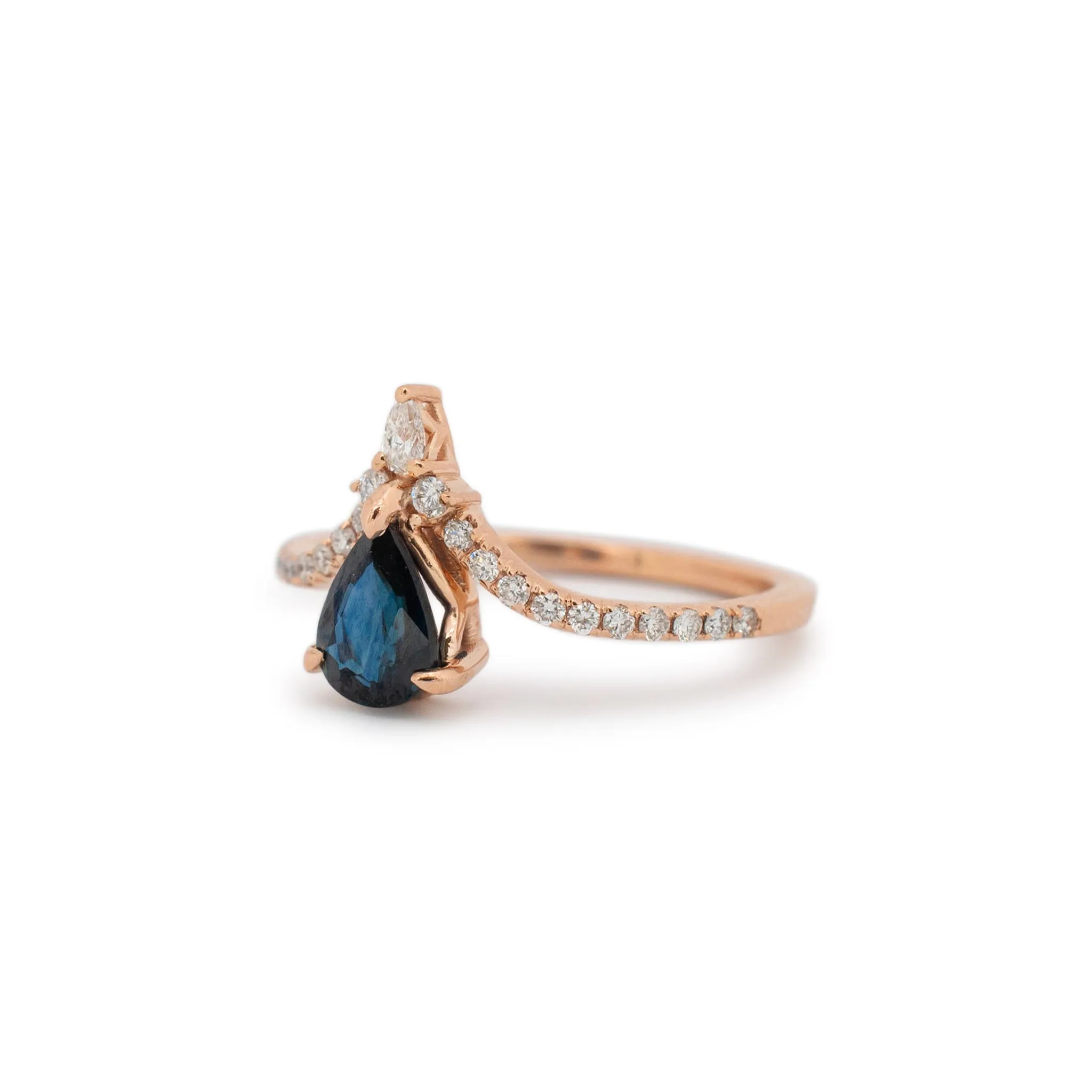 Ladies 14K Rose Gold Chevron Shaped Sapphire Diamond Cocktail Ring