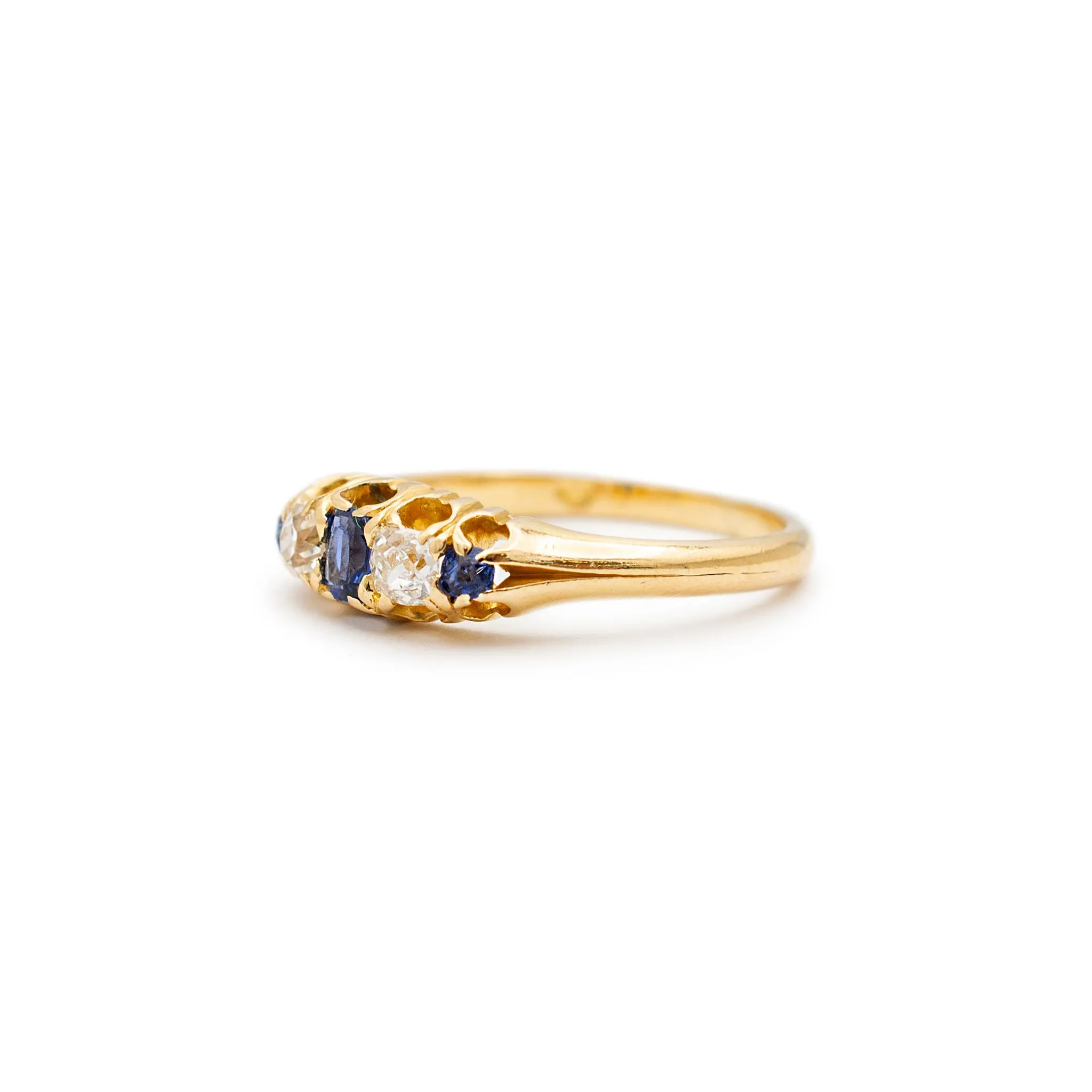 Ladies Antique 18K Yellow Gold Old European Diamond Sapphire Five Stone Cocktail Ring