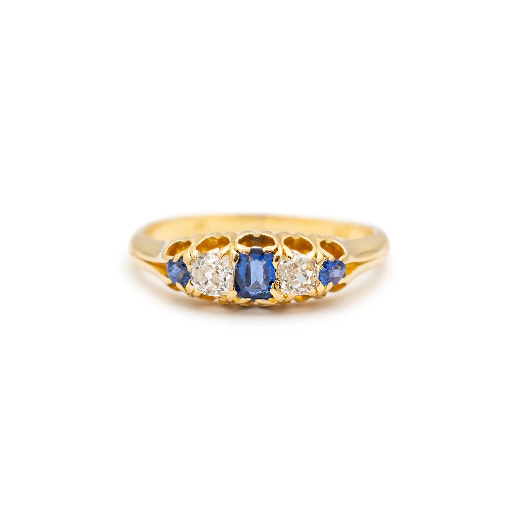 Ladies Antique 18K Yellow Gold Old European Diamond Sapphire Five Stone Cocktail Ring