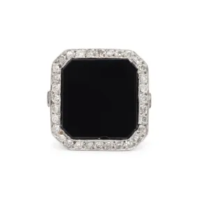 Ladies Antique Mixed Metals Silver Palladium and Rhodium Square Onyx Halo Diamond Cocktail Ring