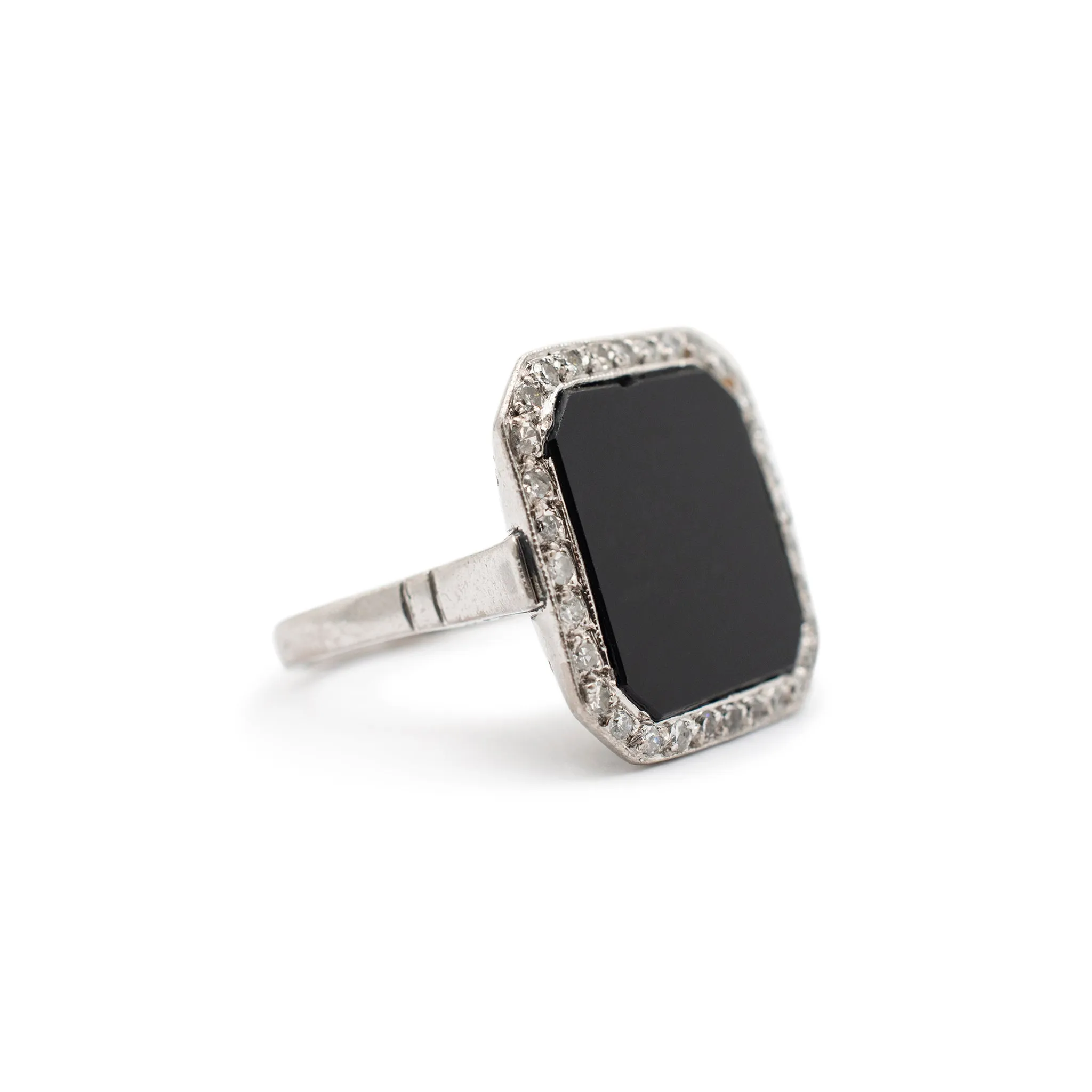 Ladies Antique Mixed Metals Silver Palladium and Rhodium Square Onyx Halo Diamond Cocktail Ring