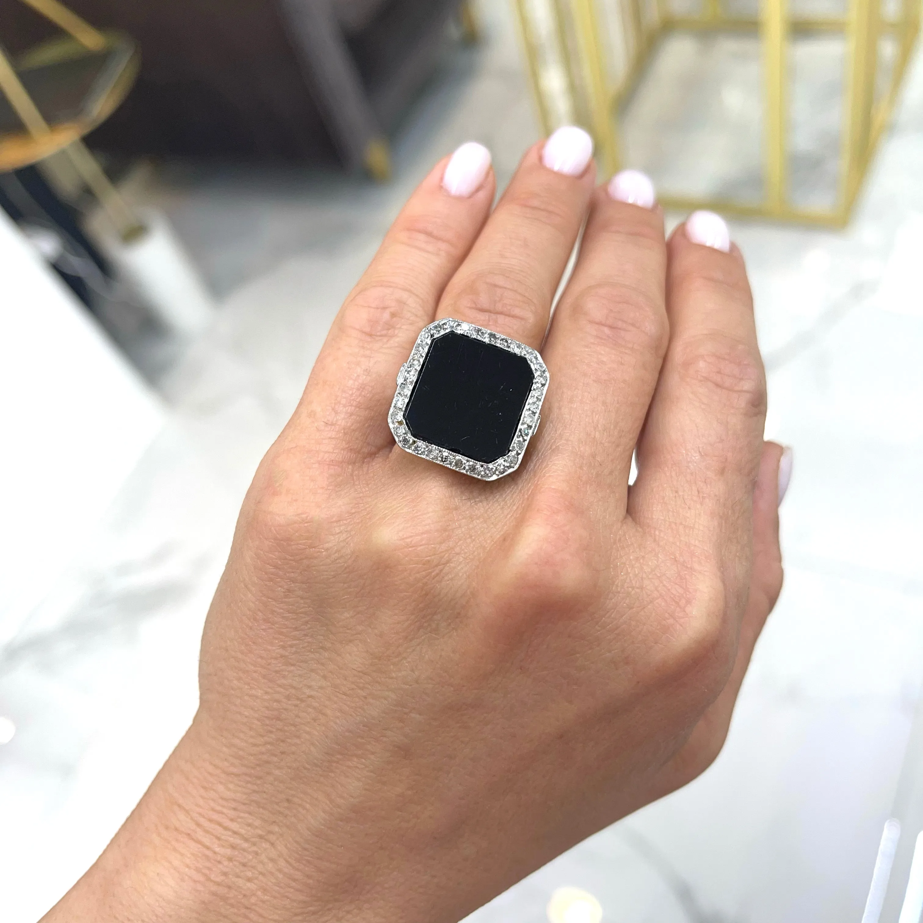 Ladies Antique Mixed Metals Silver Palladium and Rhodium Square Onyx Halo Diamond Cocktail Ring