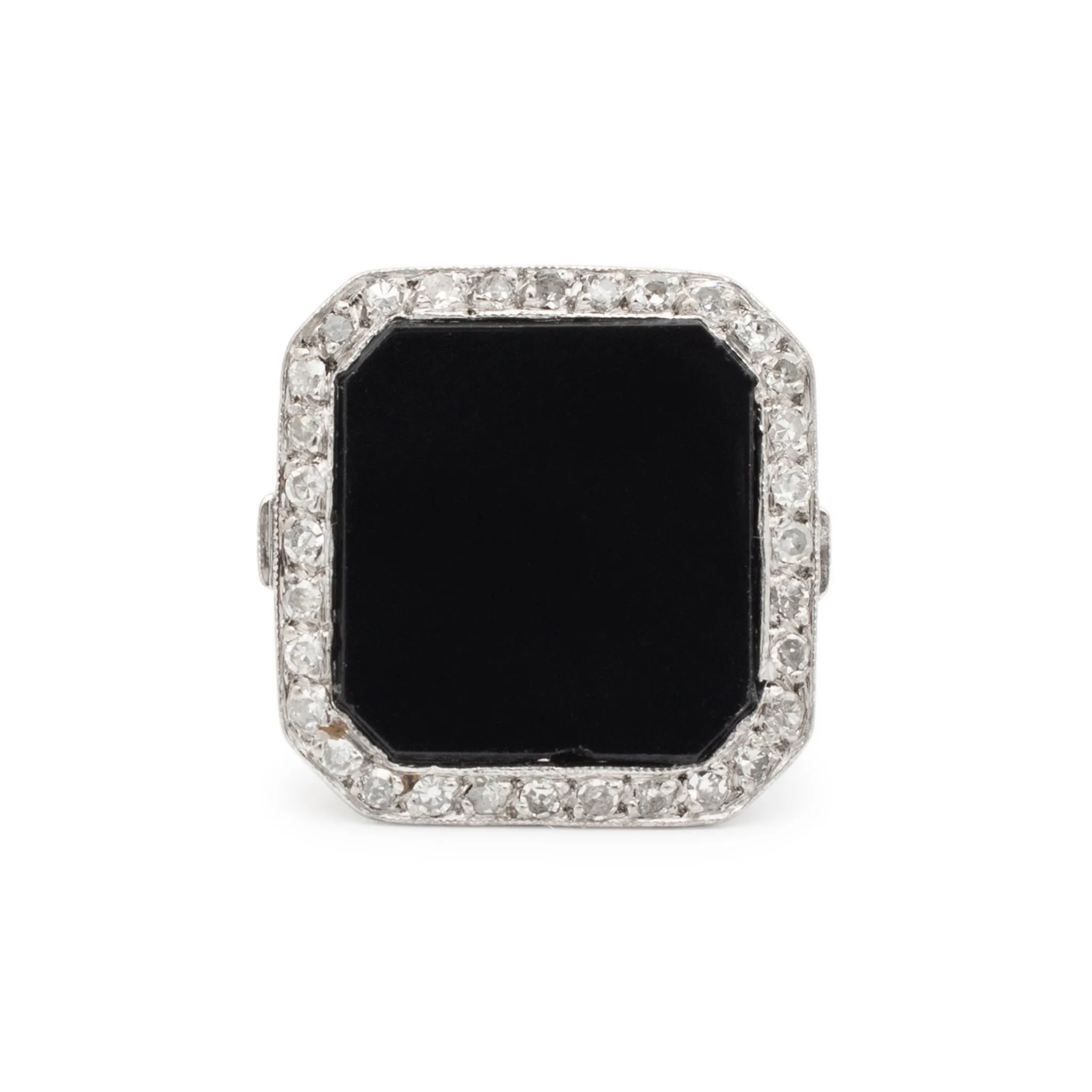 Ladies Antique Mixed Metals Silver Palladium and Rhodium Square Onyx Halo Diamond Cocktail Ring