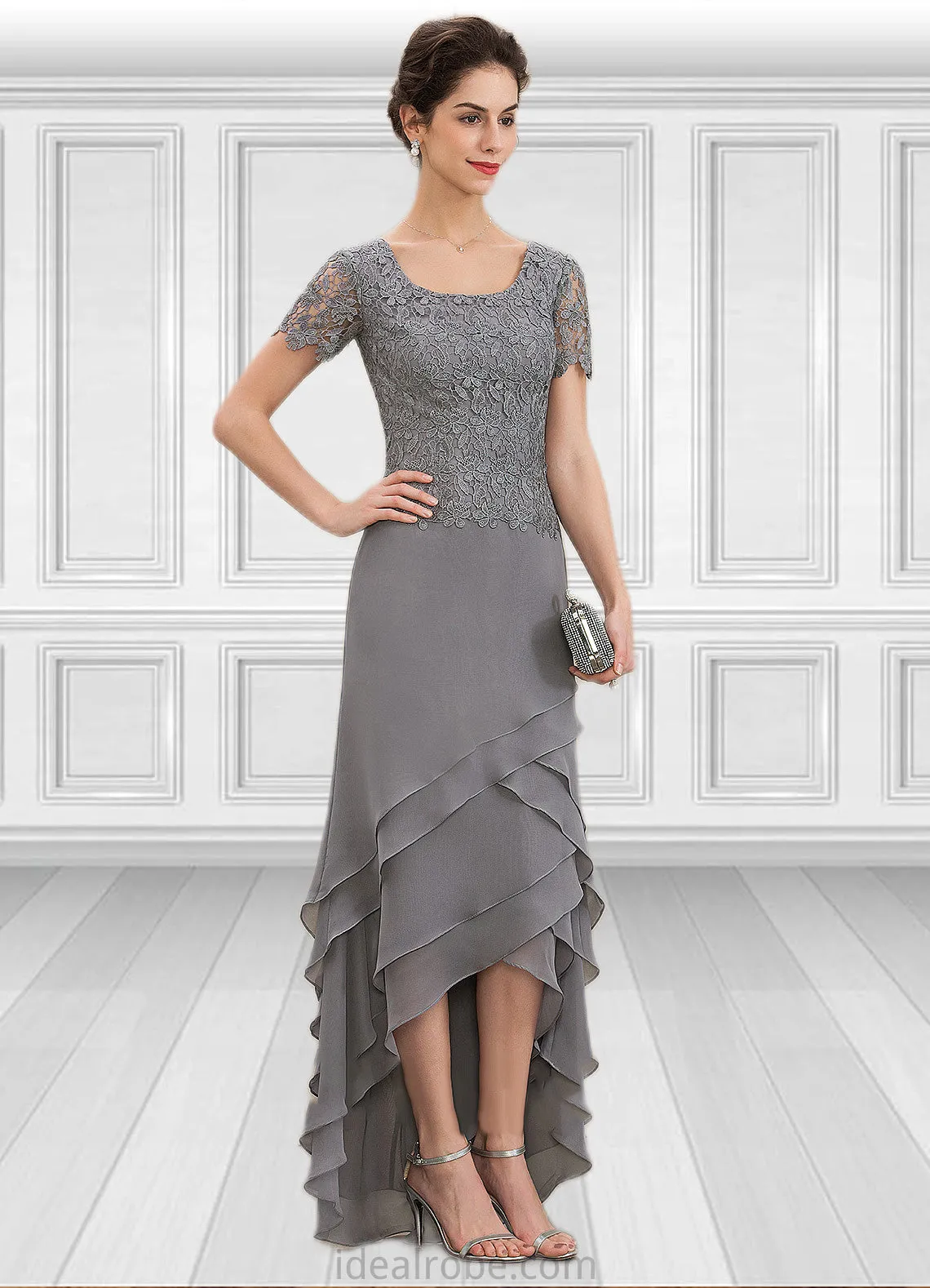 Lauryn A-Line Scoop Neck Asymmetrical Chiffon Lace Mother of the Bride Dress With Cascading Ruffles STK126P0014757