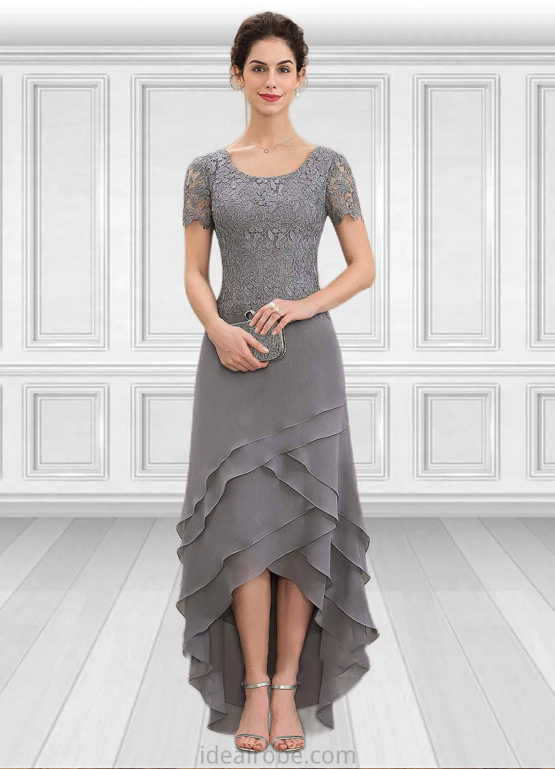 Lauryn A-Line Scoop Neck Asymmetrical Chiffon Lace Mother of the Bride Dress With Cascading Ruffles STK126P0014757