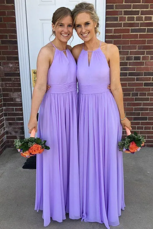 Lavender Halter Floor Length Chiffon Bridesmaid Dress