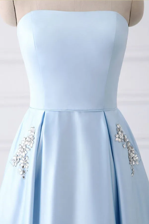 Light Blue A Line Floor Length Strapless Sleeveless Lace Up Prom Dresses