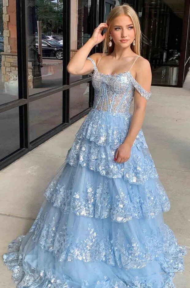 Light Blue Sequin Lace Ruffle Tiered Long Prom Dress, PC1361