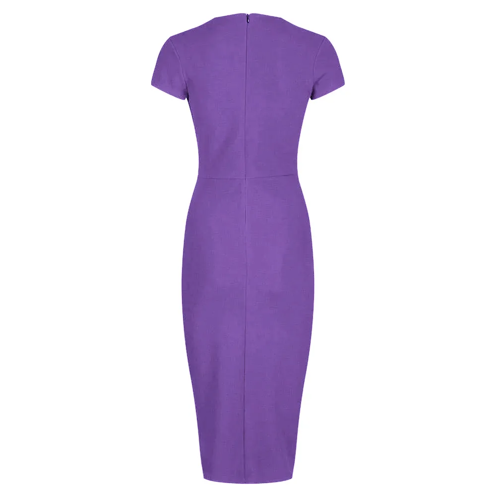 Lilac Deep V Neck Cap Sleeve Ruched Waist Bodycon Wiggle Dress