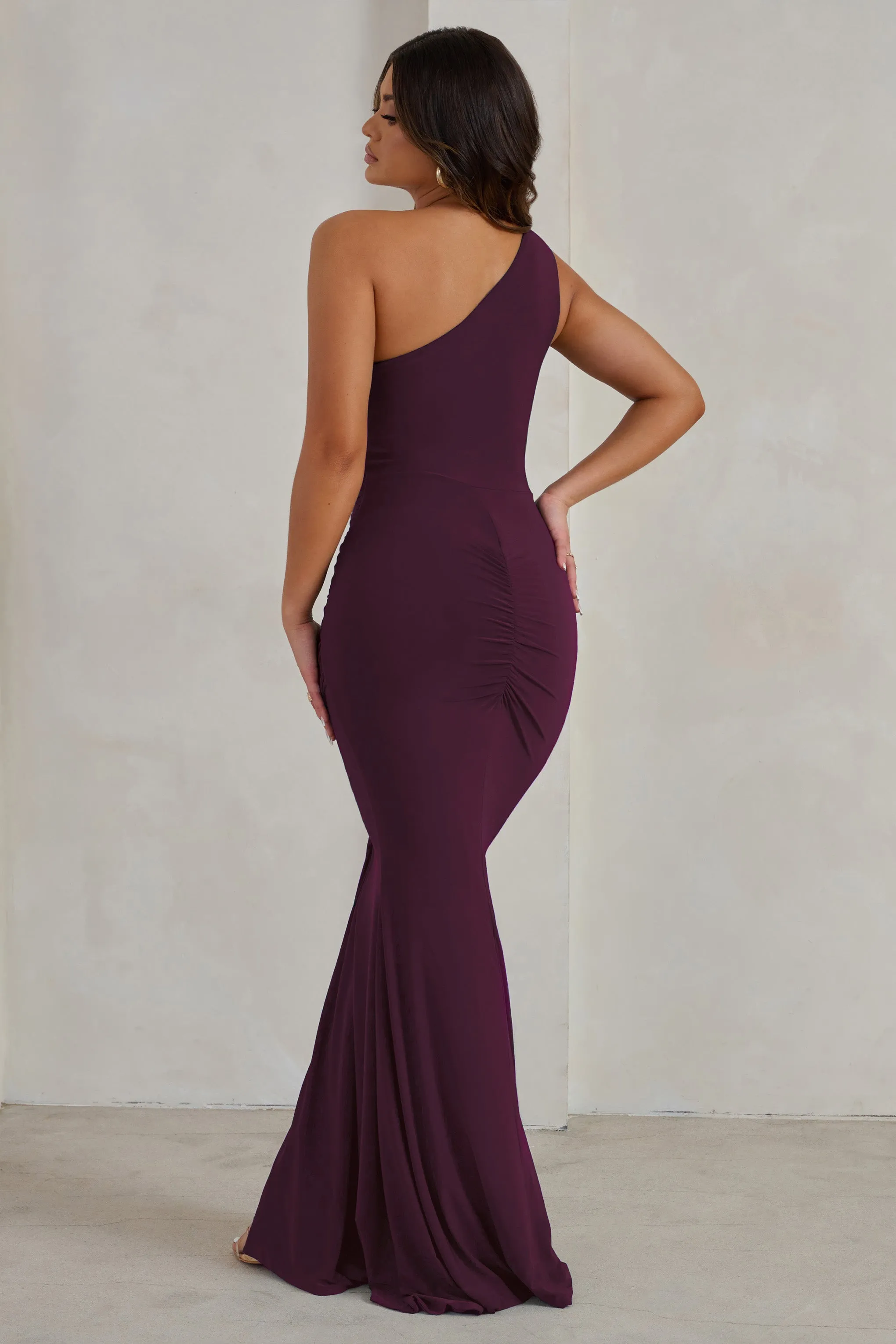 Lilou Plum Elegant One-Shoulder Maxi Dress with Wrap Skirt