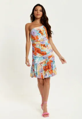 Liquorish Multicolour Floral Print One Shoulder Mini Dress