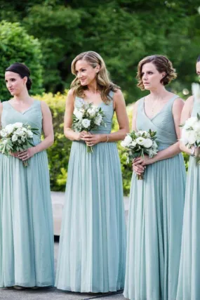 Long Chiffon with Pleats V Neck Bridesmaid Dress