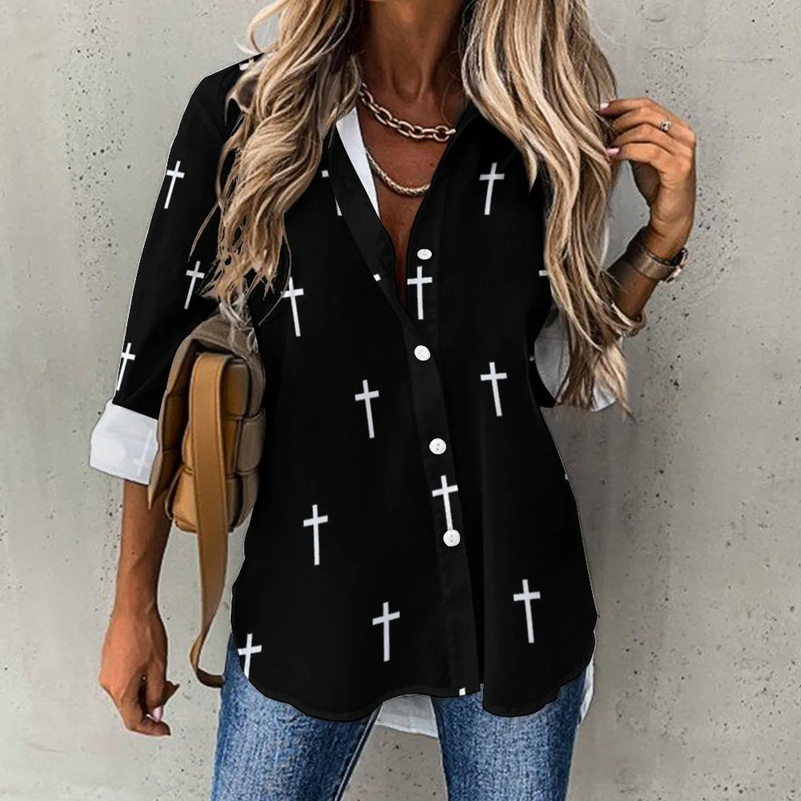 Long Sleeve Blouse (B648) Cropped hem shirt