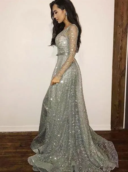 Long Sleeve Sequins Prom Dress V Neck Silver Vintage Prom Dress #ER562