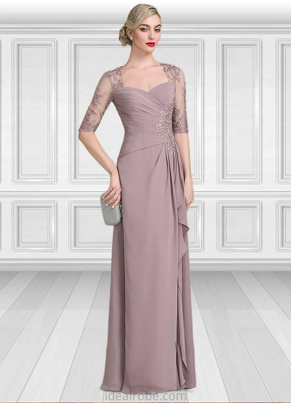 Maci A-Line Sweetheart Floor-Length Chiffon Lace Mother of the Bride Dress With Beading Sequins Cascading Ruffles STK126P0014692