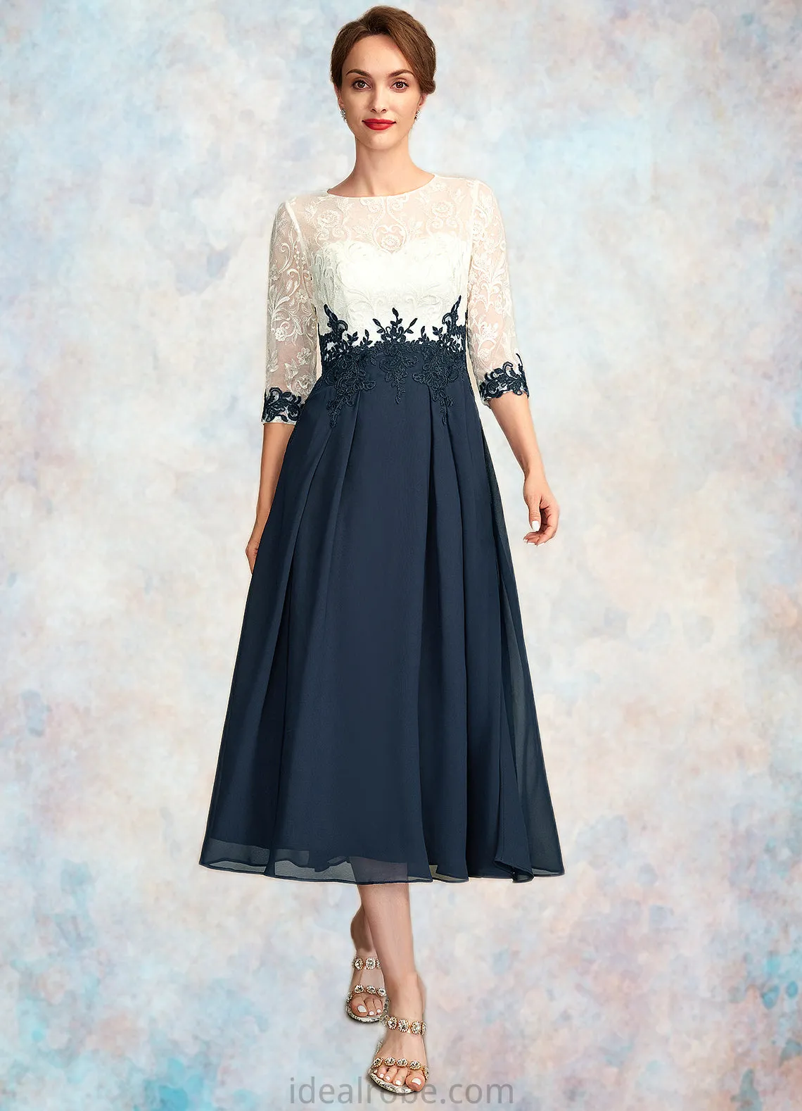 Madeline A-Line Scoop Neck Tea-Length Chiffon Lace Mother of the Bride Dress STK126P0015002