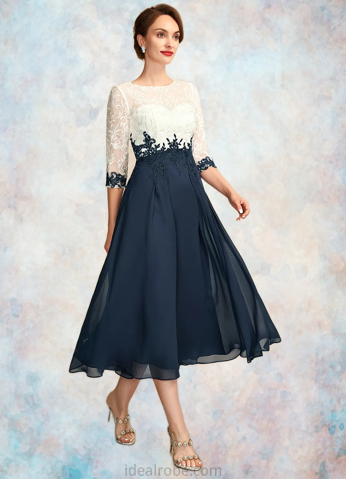 Madeline A-Line Scoop Neck Tea-Length Chiffon Lace Mother of the Bride Dress STK126P0015002