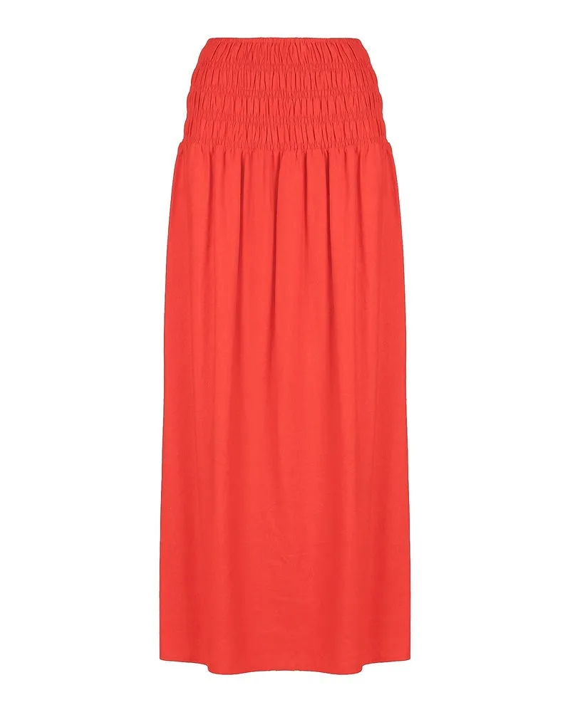 Marsha Shirred Linen Blend Fiery Orange Maxi Skirt