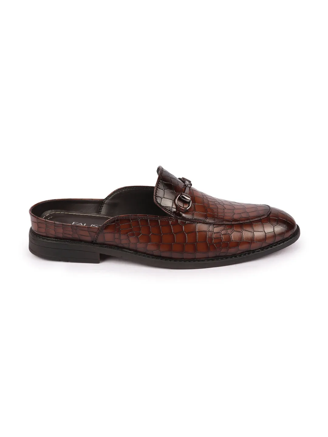 Men Brown Embossed Leopard Print Design with Horsebit Buckle Ethnic Party Back Open Slip On Mules Shoes