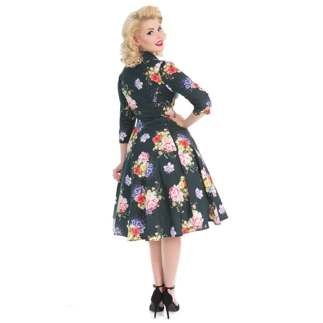 Midnight Green Floral Print 3/4 Sleeve Shawl Collar 50s Swing Dress