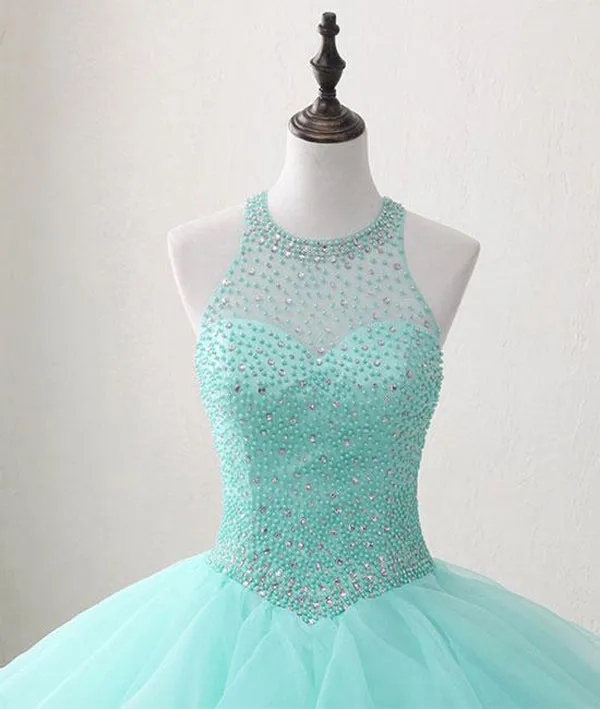 Mint Ball Gown Floor Length Halter Keyhole Back Beading Ruffles Prom Dresses