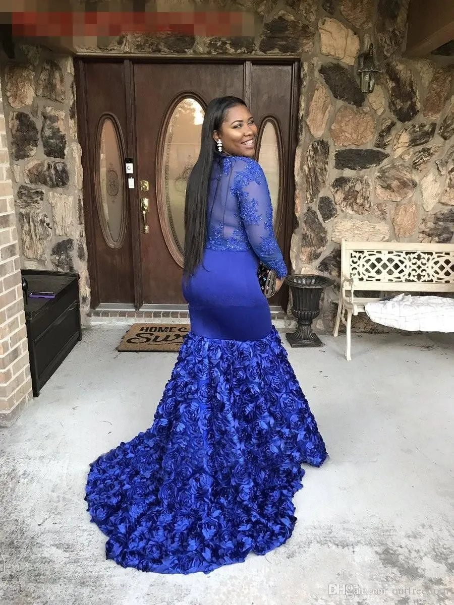 Modern Mermaid Long Sleeve Evening Dress Plus Size Royal Blue Prom Dresses ER2018