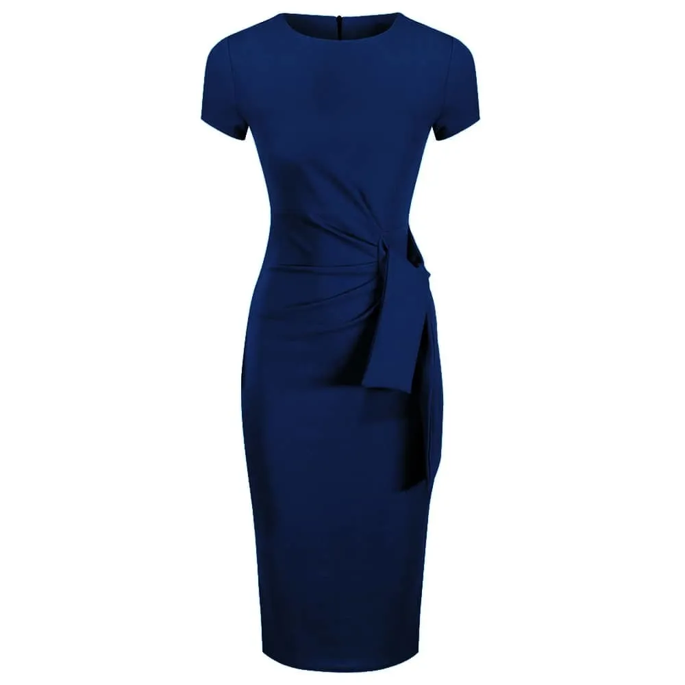 Navy Blue Cap Sleeve Ruched Tie Bodycon Pencil Dress