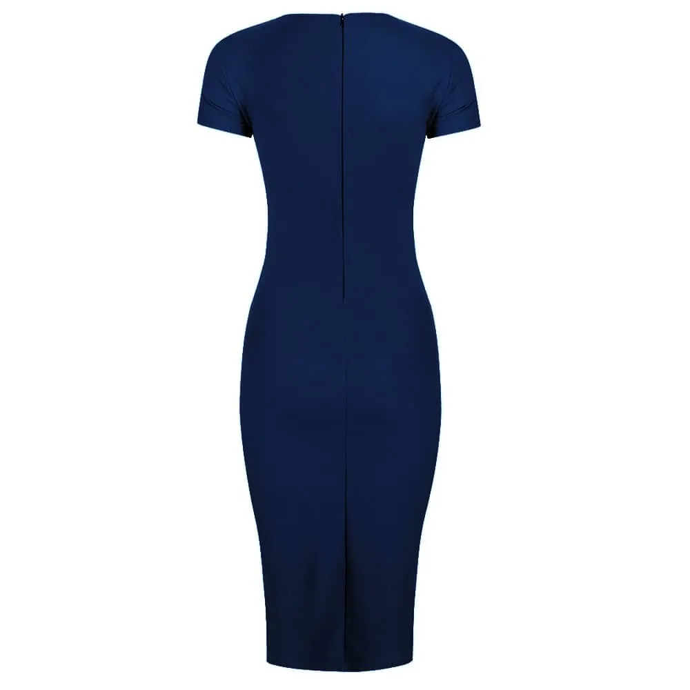 Navy Blue Cap Sleeve Ruched Tie Bodycon Pencil Dress