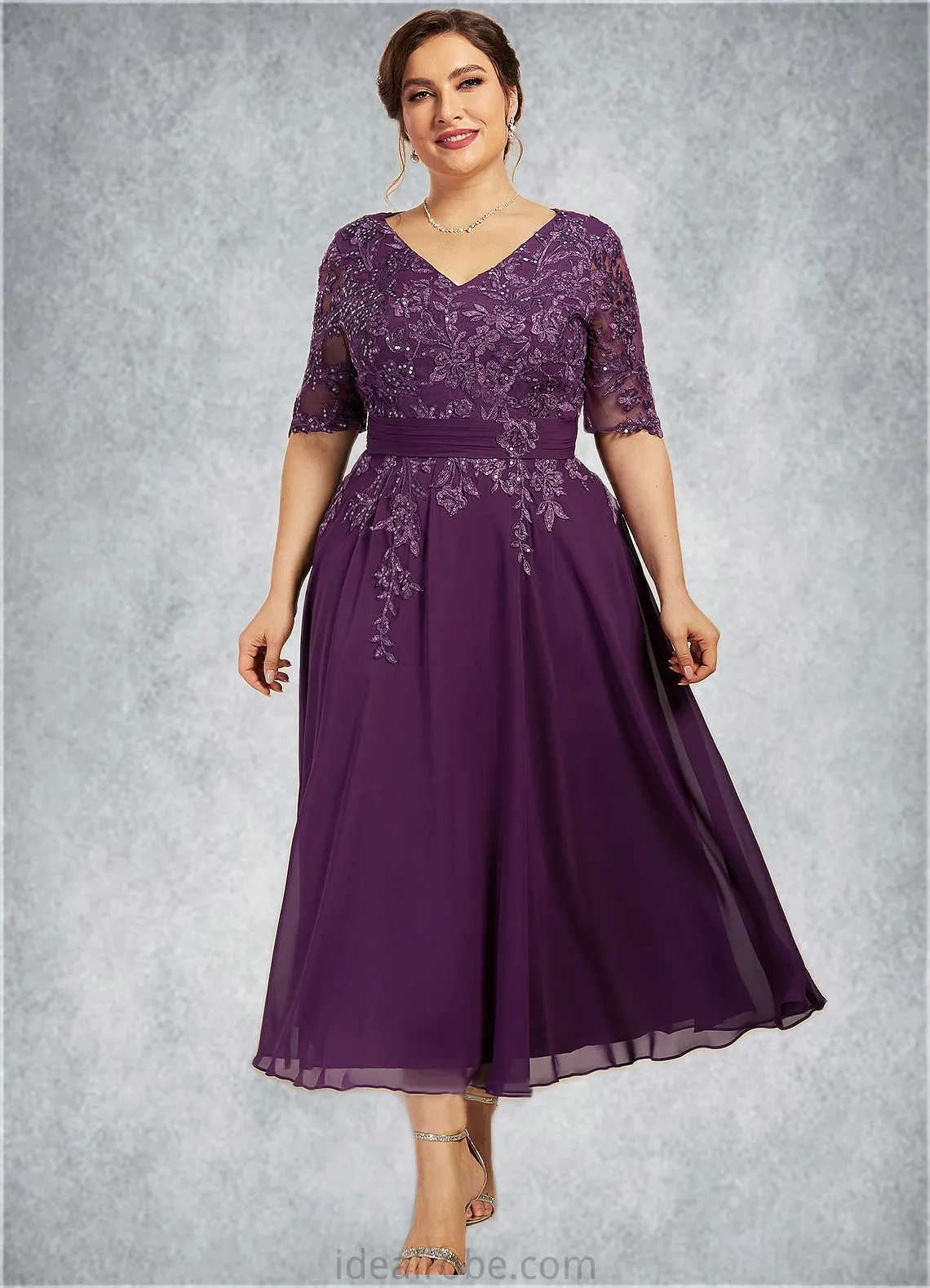 Nina A-line V-Neck Tea-Length Chiffon Lace Mother of the Bride Dress With Sequins STK126P0014561