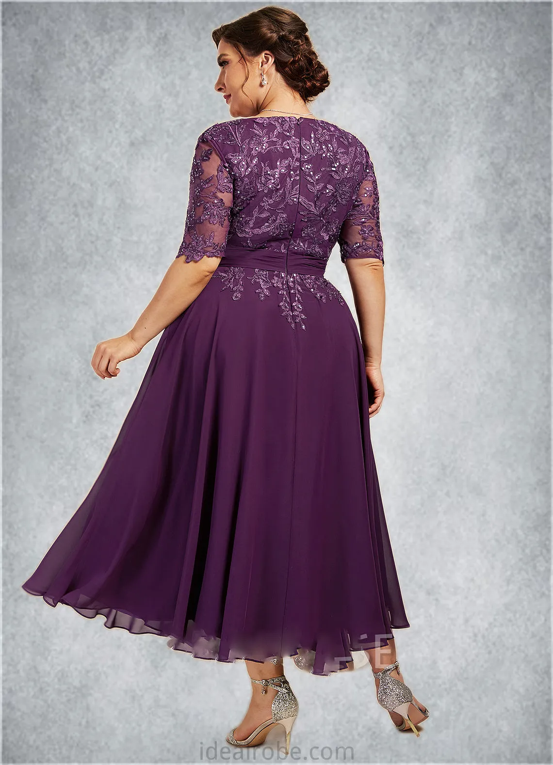 Nina A-line V-Neck Tea-Length Chiffon Lace Mother of the Bride Dress With Sequins STK126P0014561