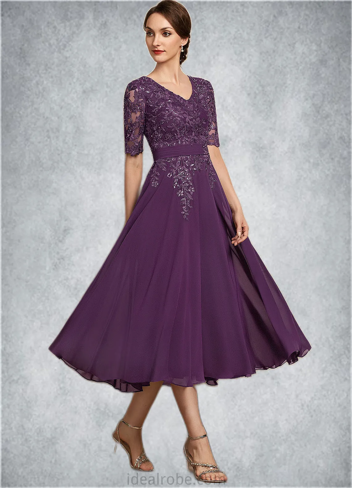 Nina A-line V-Neck Tea-Length Chiffon Lace Mother of the Bride Dress With Sequins STK126P0014561