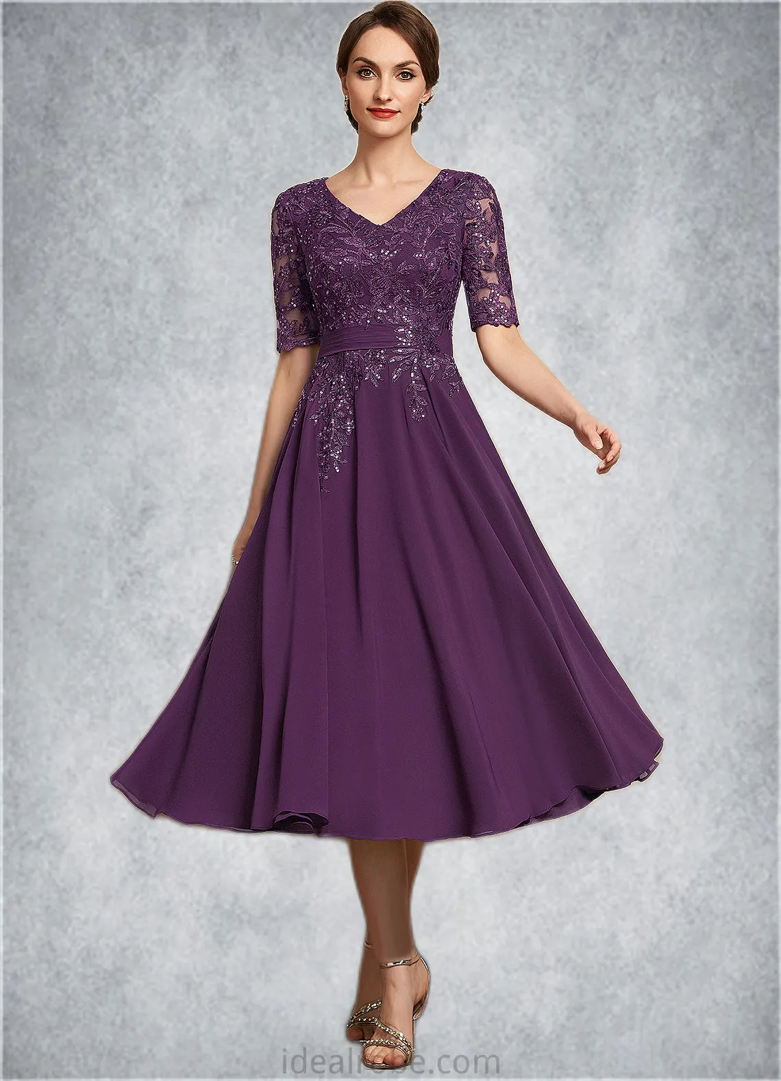 Nina A-line V-Neck Tea-Length Chiffon Lace Mother of the Bride Dress With Sequins STK126P0014561