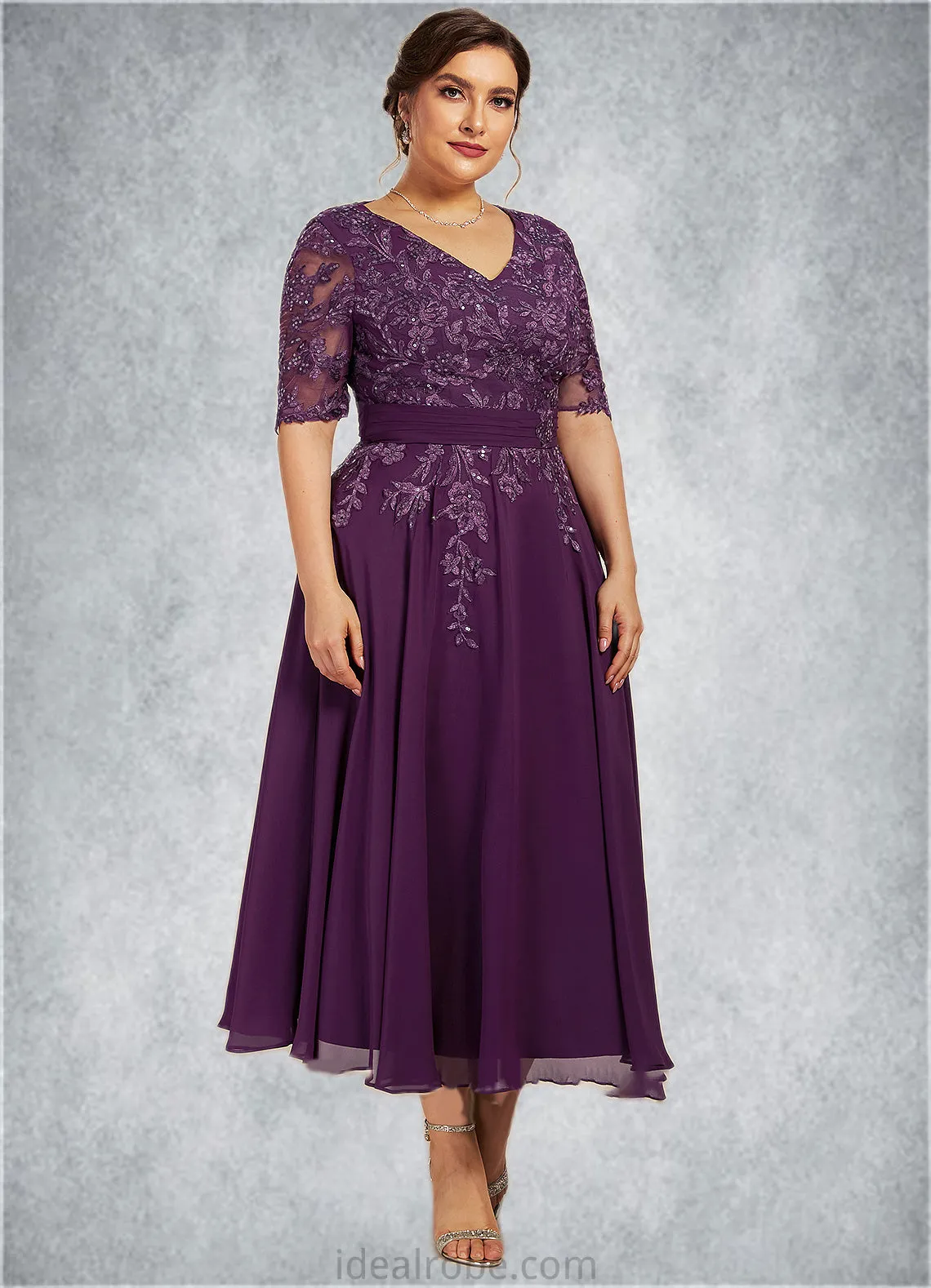 Nina A-line V-Neck Tea-Length Chiffon Lace Mother of the Bride Dress With Sequins STK126P0014561