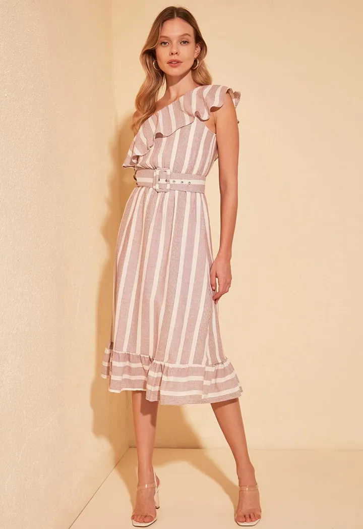 One Shoulder Striped Belted Dress