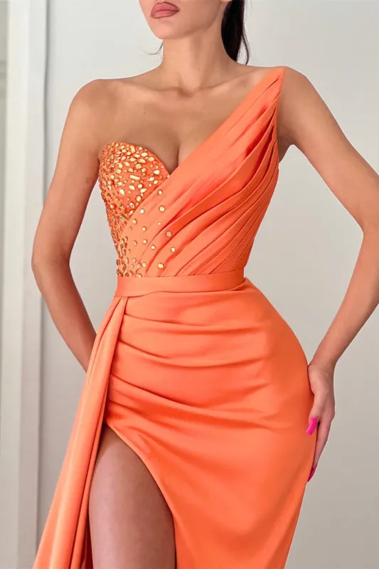 Orange Mermaid Evening Dress with V-Neck Long Split and Beads