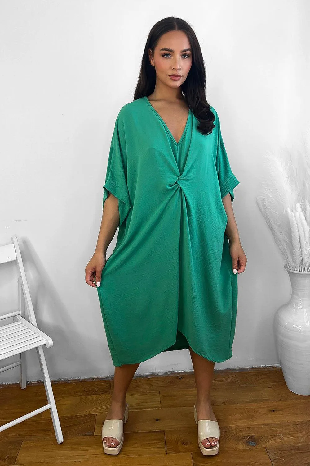 Pinched Front Batwing Midi Dress