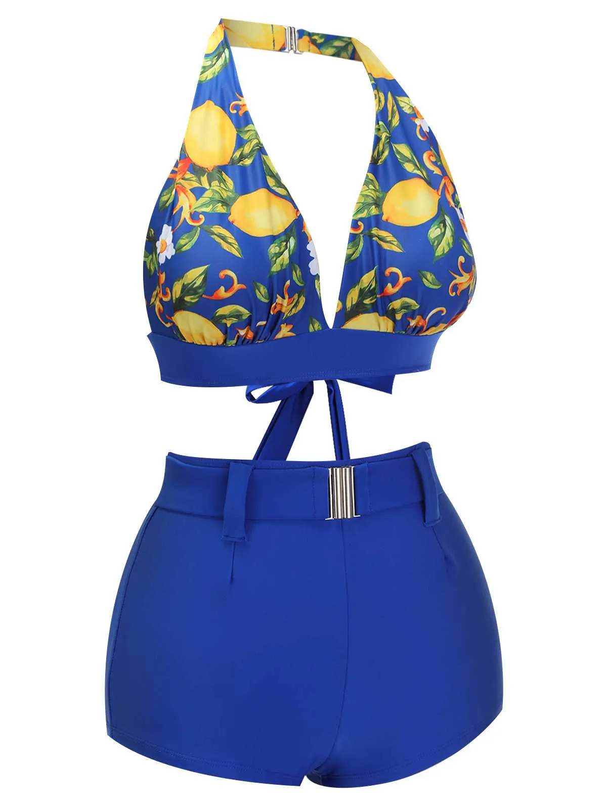 [Pre-Sale] Blue 1930s Halter Lemon Belted Swimsuit