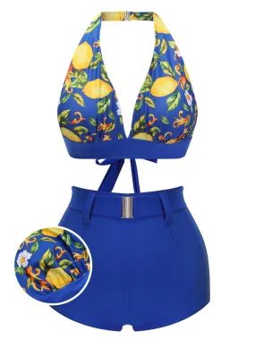 [Pre-Sale] Blue 1930s Halter Lemon Belted Swimsuit