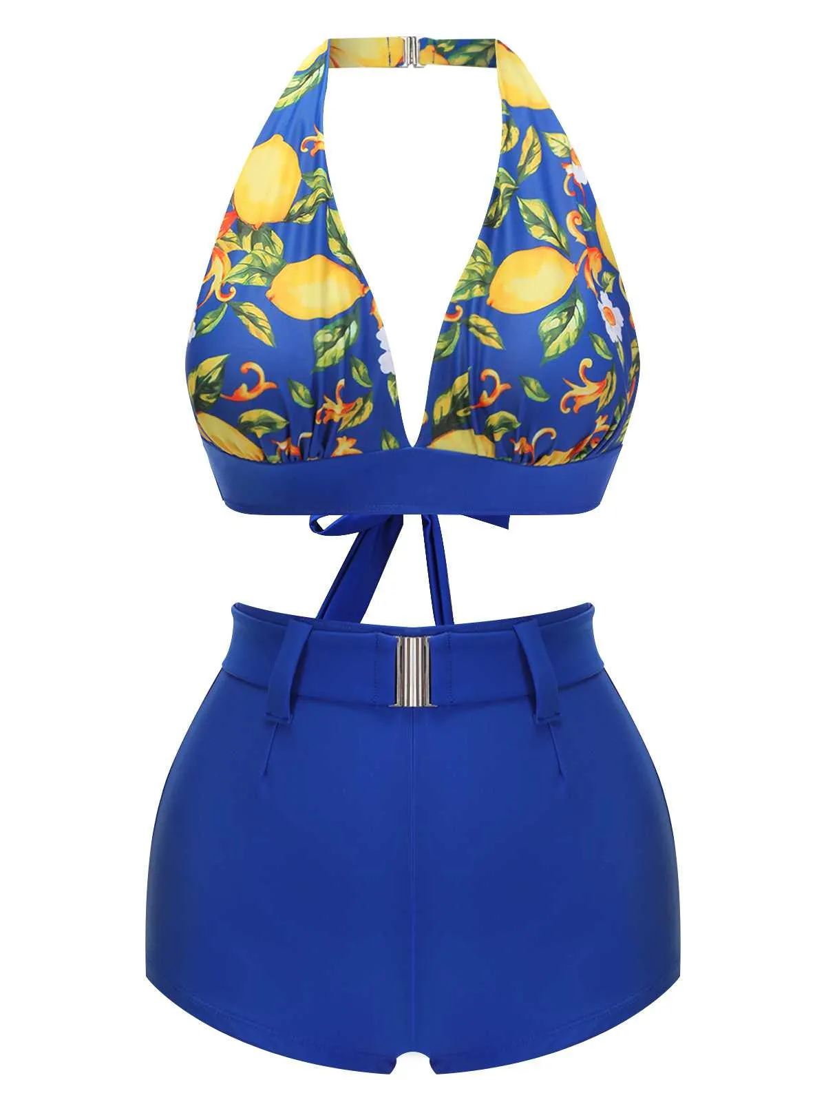 [Pre-Sale] Blue 1930s Halter Lemon Belted Swimsuit