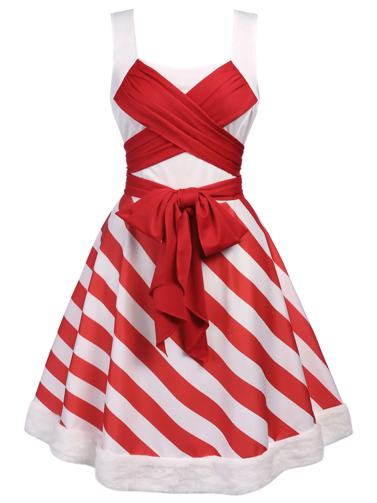 Red 1950s Stripes Bow Swing Dress