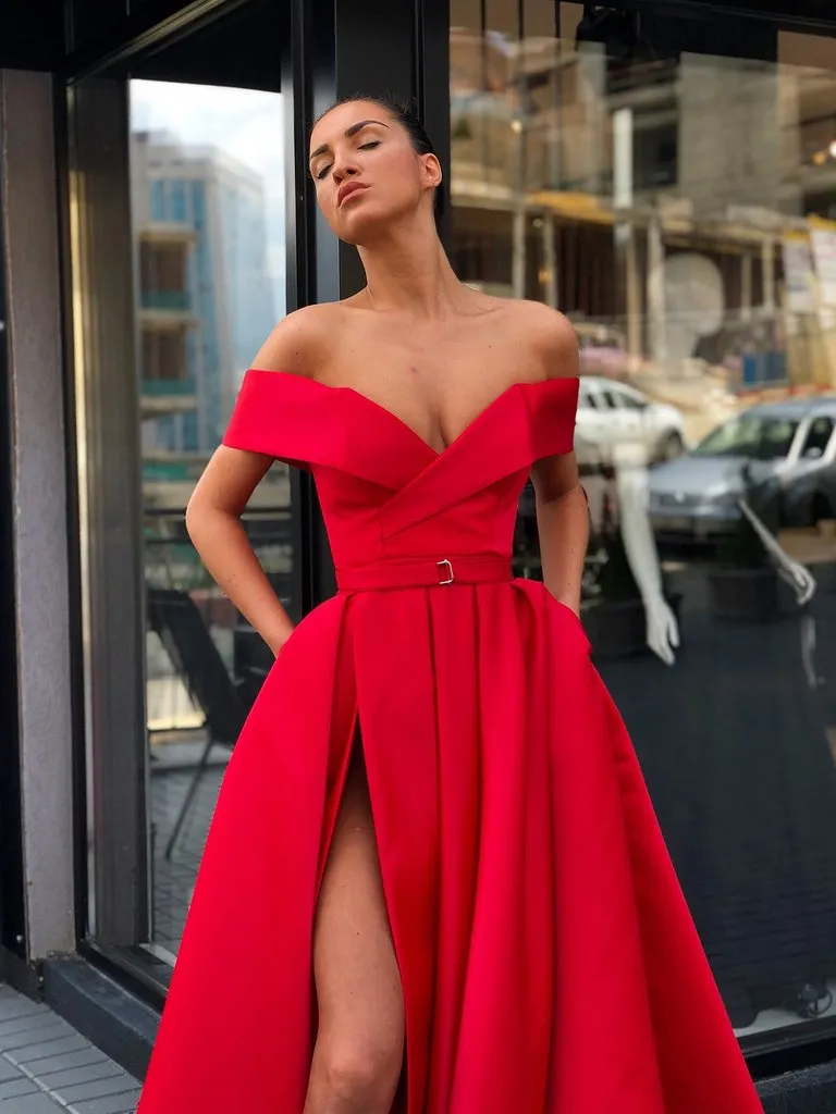 Red Off The Shoulder Prom Dress Satin Cheap Plus Size Long Prom Dress #ER285